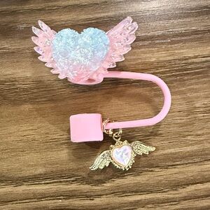 Super Gorgeous, Sparkly Pink Heart With Wings And Charm Straw Topper